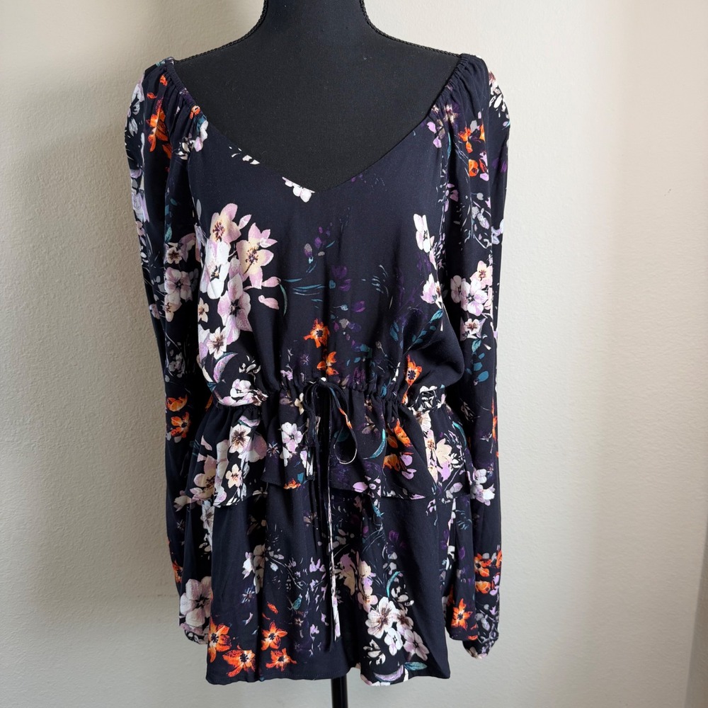 Dark Blue Floral Boho Blouse XL Bell Sleeve Drawstring Waist‎ Cottagecore Flowy